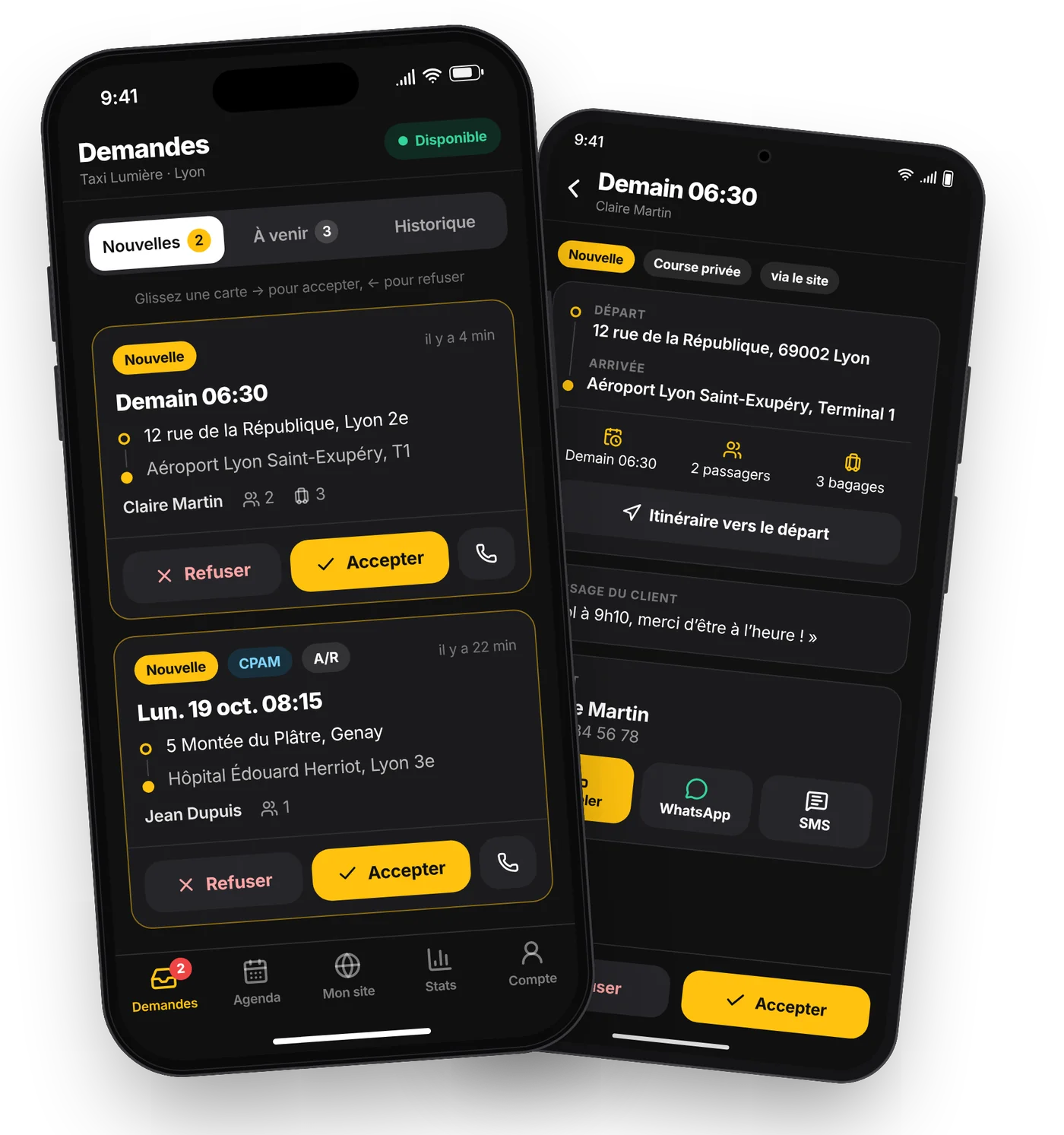 Application TaxiVitrine Pro sur iPhone et Android — nouvelle réservation reçue en direct