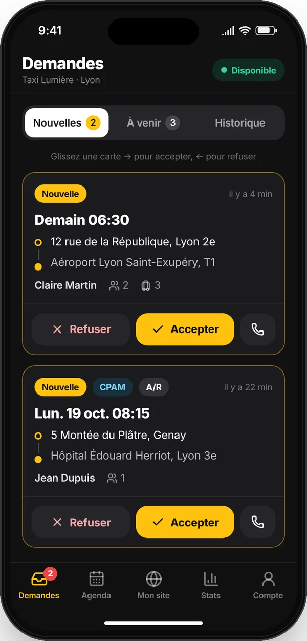 Application TaxiVitrine Pro sur iPhone — Demandes : Toutes les réservations du site et de l’app client arrivent ici, triées par heure de prise en charge.