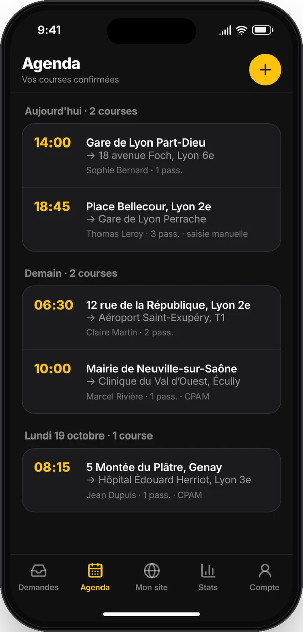 Application TaxiVitrine Pro sur iPhone — Agenda : Les courses confirmées, jour par jour, avec rappel automatique 30 minutes avant chaque prise en charge.