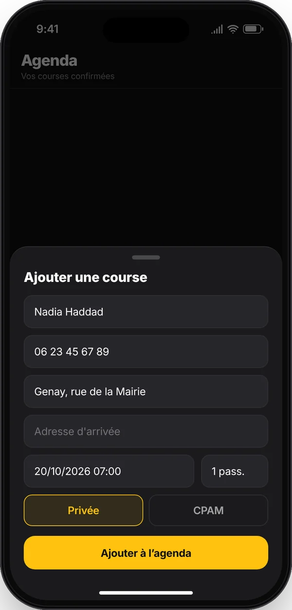 Application TaxiVitrine Pro sur iPhone — Ajouter une course : Une course prise par téléphone s’ajoute à l’agenda en quelques secondes.