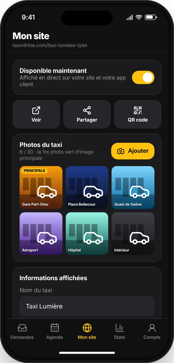 Application TaxiVitrine Pro sur iPhone — Mon site : Disponibilité en direct, photos du taxi prises avec le téléphone, informations et partage du site.