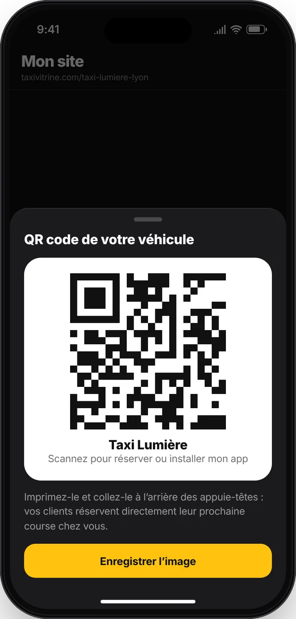 Application TaxiVitrine Pro sur iPhone — QR code du véhicule : Un QR code à coller dans la voiture : les clients réservent leur prochaine course directement chez le chauffeur.