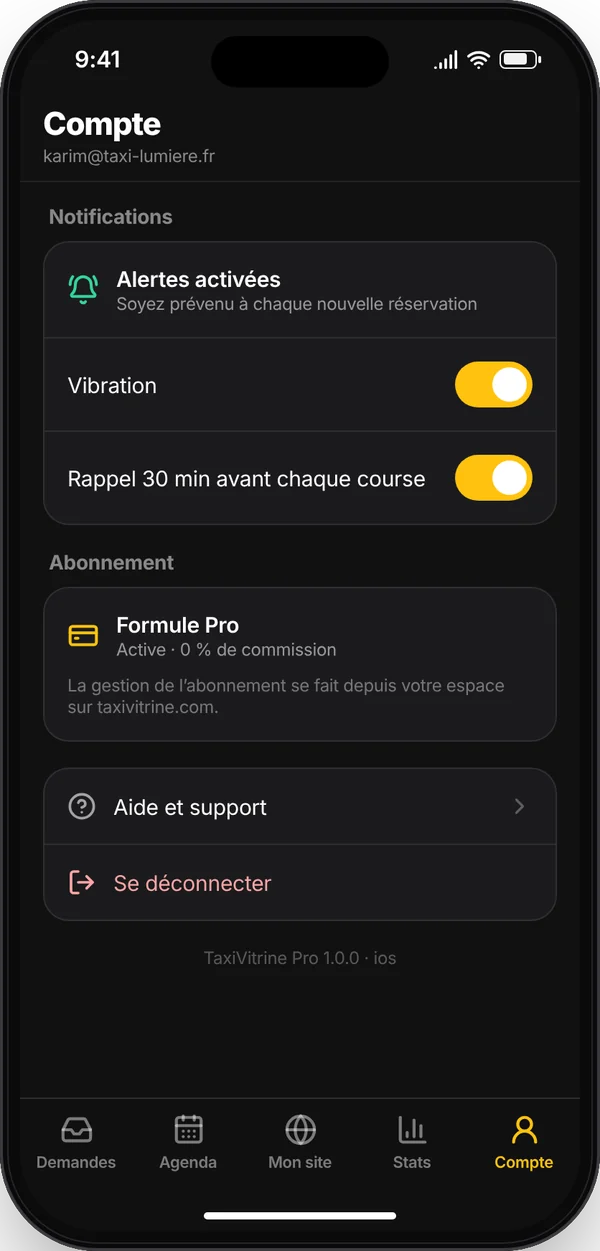 Application TaxiVitrine Pro sur iPhone — Compte et notifications : Alertes, vibration, rappels et formule d’abonnement. L’abonnement se gère sur le site, sans achat dans l’app.