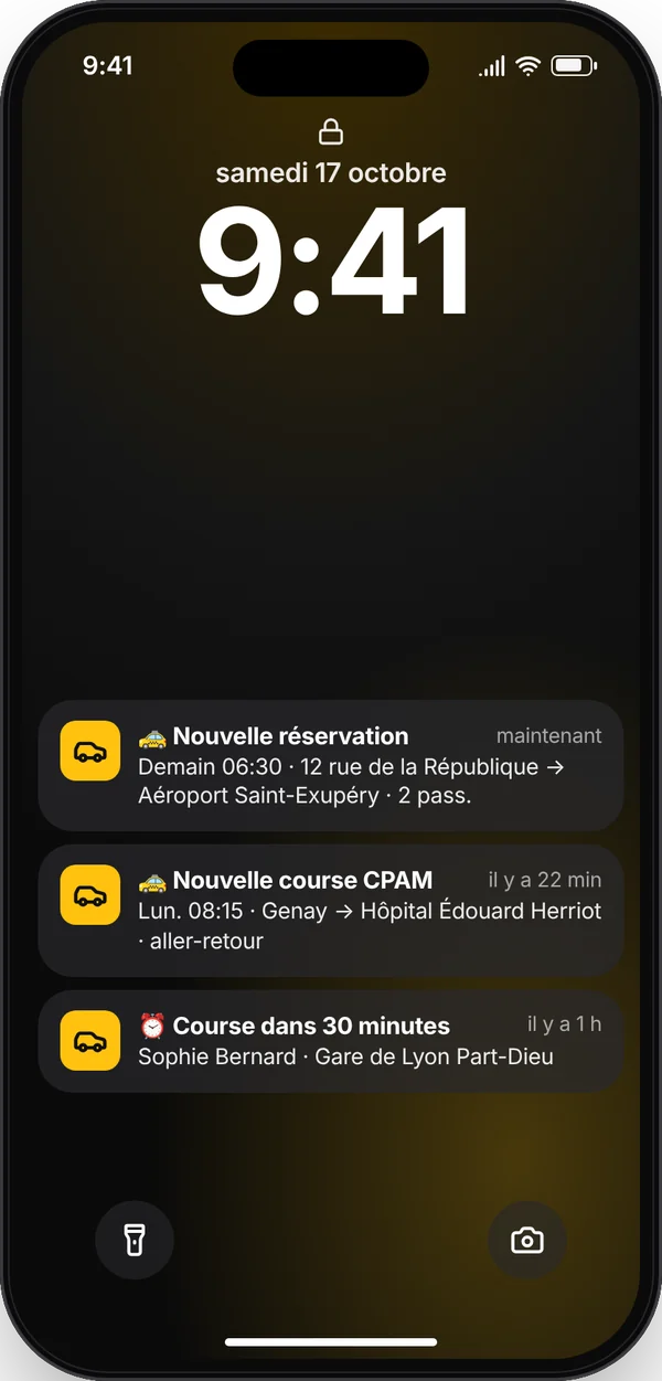 Application TaxiVitrine Pro sur iPhone — Notification instantanée : Même téléphone verrouillé, chaque nouvelle réservation déclenche une alerte avec son et vibration.